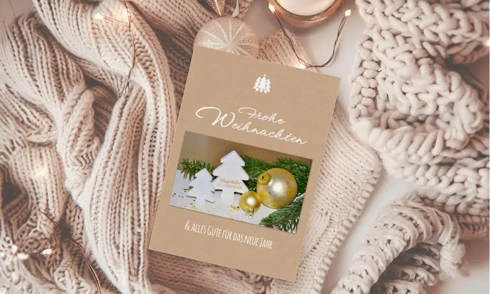 Weihnachtskarte geschäftlich mit Foto und Logo, moderner Kraftpapier Look