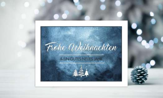 Weihnachtskarten geschäftlich Postkarte Aquarell blau mit Logo