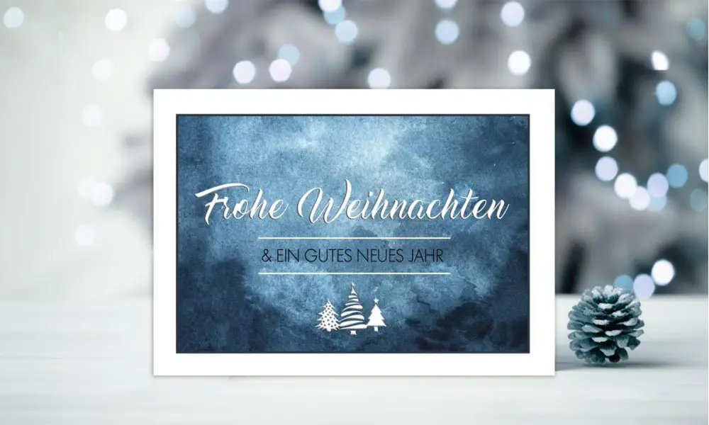 Weihnachtskarten geschäftlich Postkarte Aquarell blau mit Logo