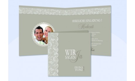 Einladungskarte Hochzeit "Spitze", Klappkarte Quadrat, cafe