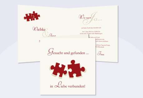 Einladungskarte Hochzeit "Puzzle", Klappkarte Quadrat, creme rot