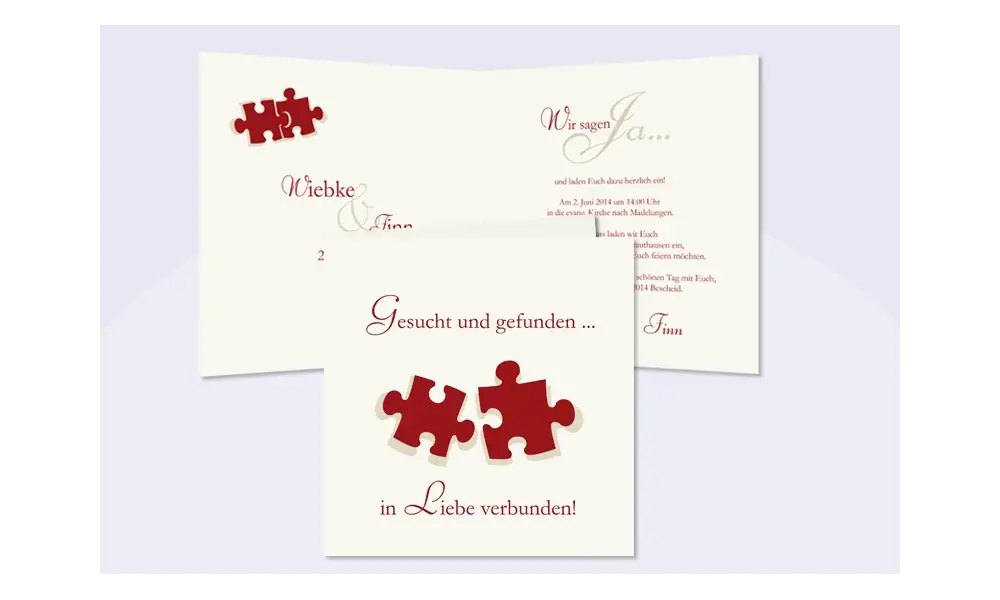 Einladungskarte Hochzeit "Puzzle", Klappkarte Quadrat, creme rot