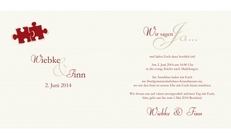 Einladungskarte Hochzeit "Puzzle", Klappkarte Quadrat, creme rot