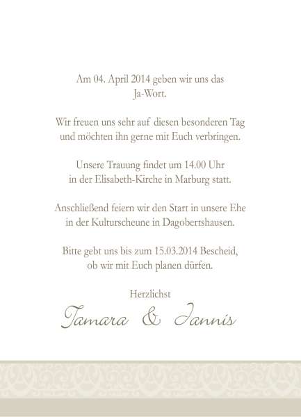 Einladungskarte Hochzeit "Ranken", Flachkarte , creme