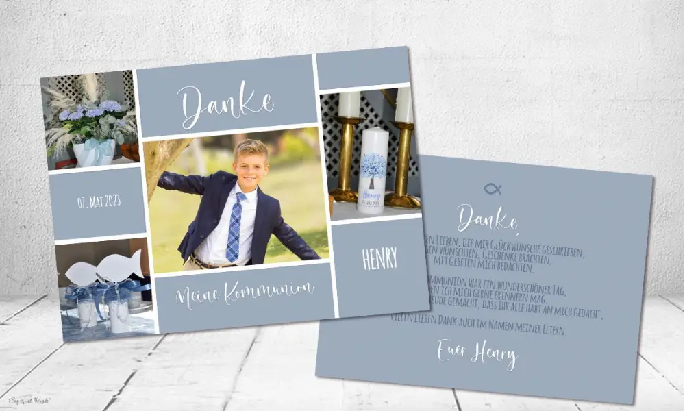 Danksagung Kommunion Junge taubeblau, mehrere Fotos, Postkarte