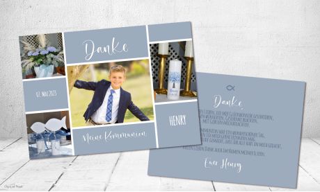 Danksagung Kommunion Junge taubeblau, mehrere Fotos, Postkarte
