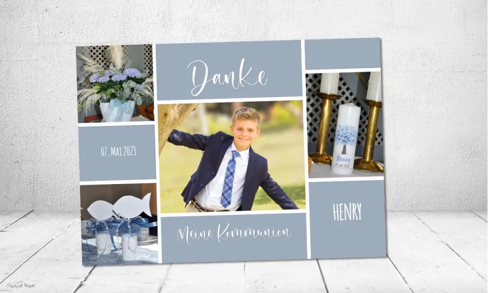 Danksagung Kommunion Junge taubeblau, mehrere Fotos, Postkarte