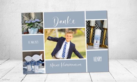 Danksagung Kommunion Junge taubeblau, mehrere Fotos, Postkarte