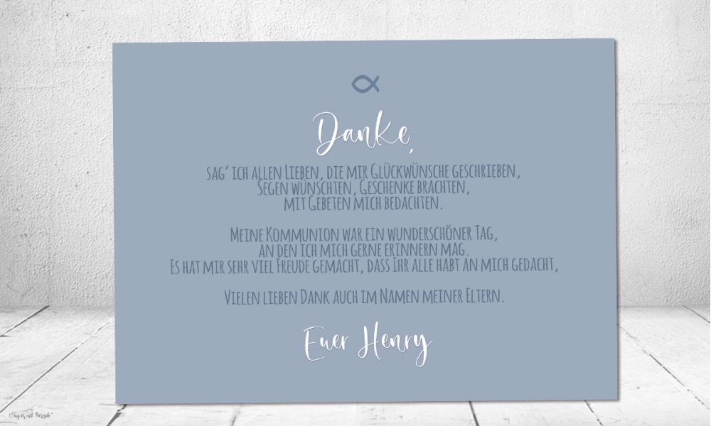 Danksagung Kommunion Junge taubeblau, mehrere Fotos, Postkarte