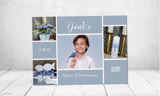 Danksagung Kommunion Junge taubeblau, mehrere Fotos, Postkarte