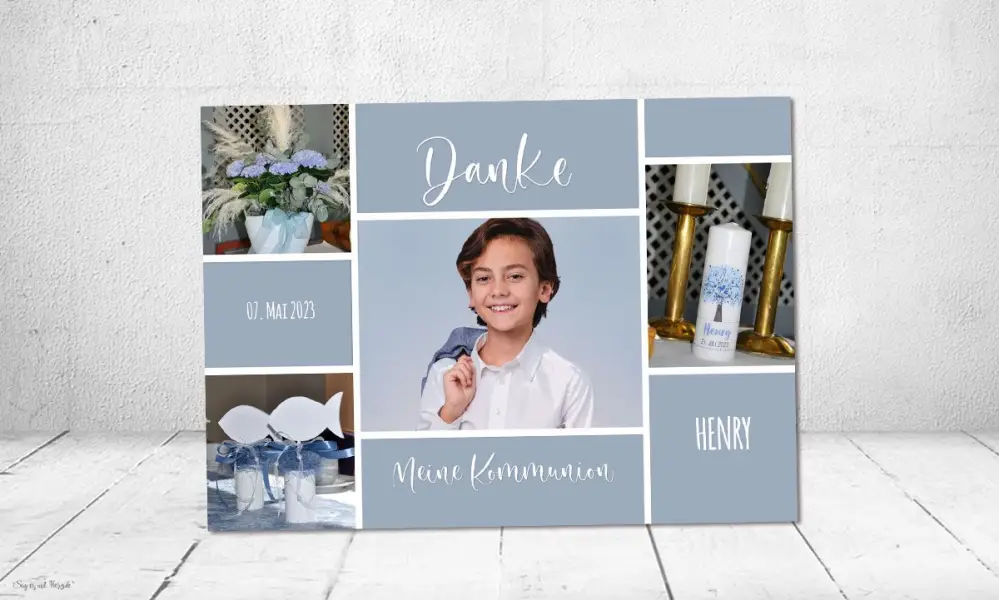 Danksagung Kommunion Junge taubeblau, mehrere Fotos, Postkarte