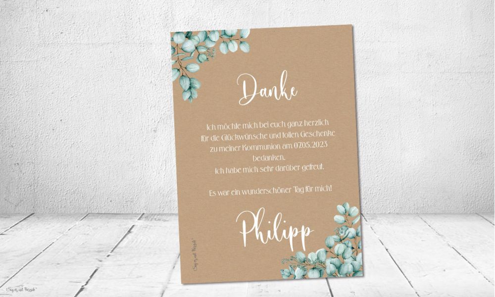 Dankeskarte Kommunion Kraftpapier Eukalyptus