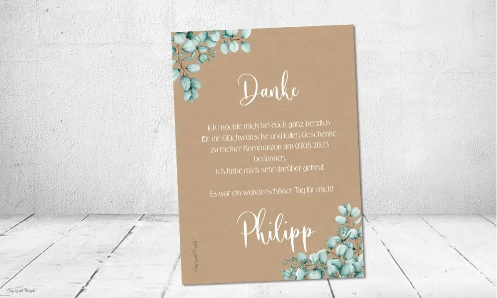Dankeskarte Kommunion Kraftpapier Eukalyptus