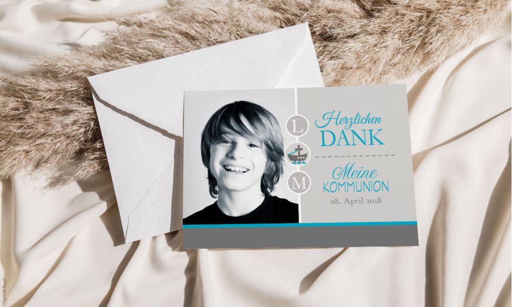 Danksagung Konfirmation Kommunion modern grau türkis