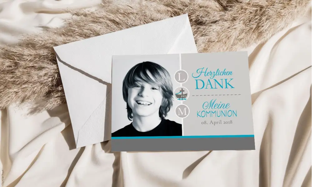 Danksagung Konfirmation Kommunion modern grau türkis