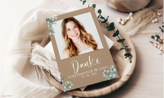 Dankeskarte Konfirmation Kraftpapier Eukalyptus mit Polaroid