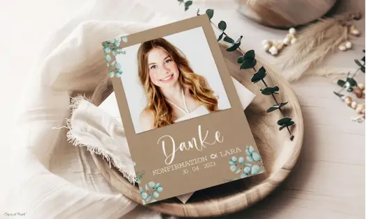 Dankeskarte Konfirmation Kraftpapier Eukalyptus mit Polaroid