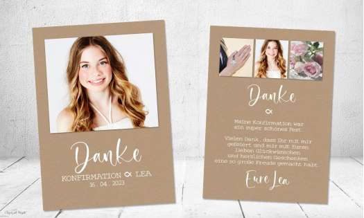 Dankeskarte Konfirmation Kraftpapier Eukalyptus mit Polaroid