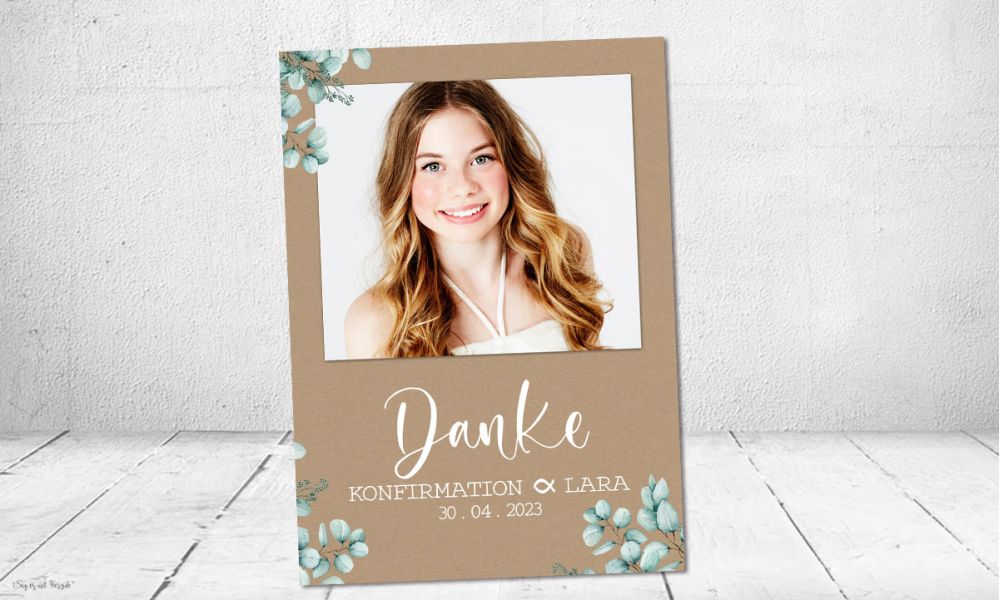 Dankeskarte Konfirmation Kraftpapier Eukalyptus mit Polaroid