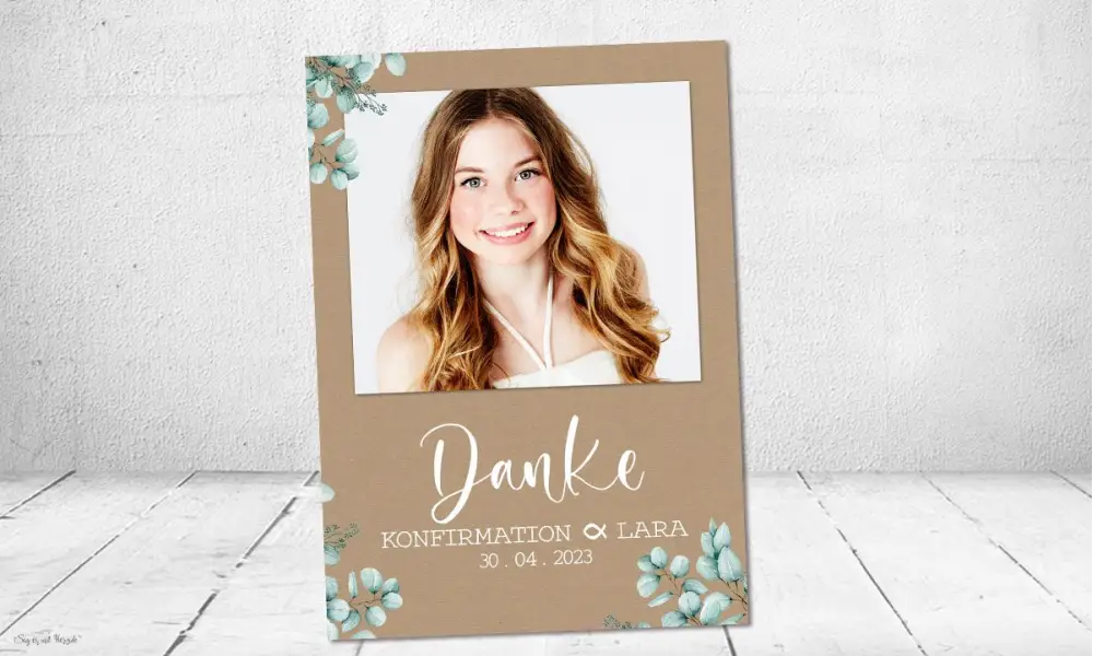 Dankeskarte Konfirmation Kraftpapier Eukalyptus mit Polaroid