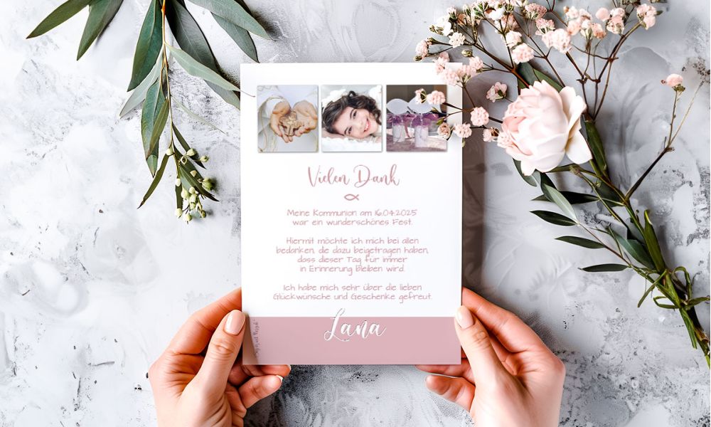 Dankeskarte Kommunion Mädchen Rosa mit Foto – individuell gestaltet