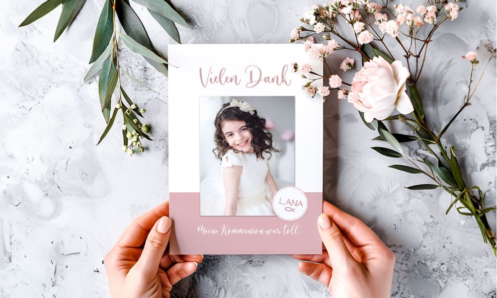Dankeskarte Kommunion Mädchen Rosa mit Foto – individuell gestaltet