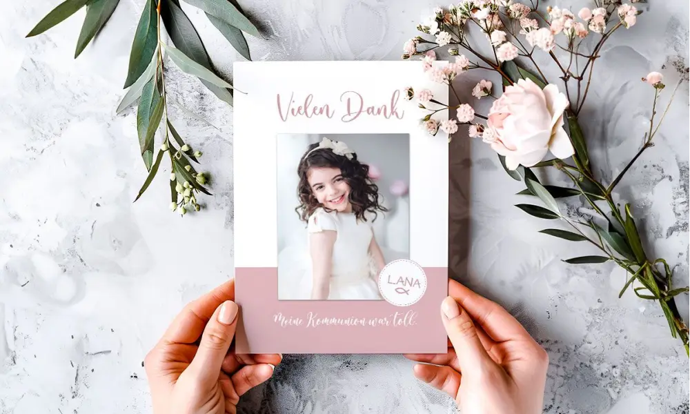 Dankeskarte Kommunion Mädchen Rosa mit Foto – individuell gestaltet