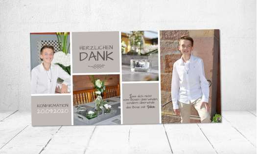 Dankeskarte Konfirmation Taupe mit Fotocollage – modern & individuell