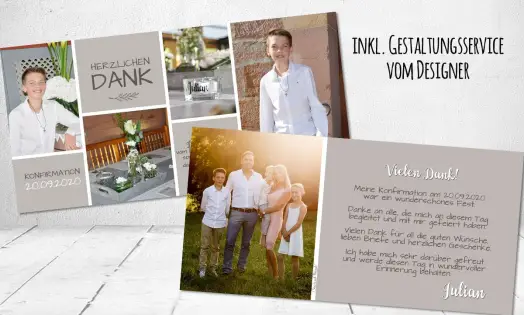 Dankeskarte Konfirmation Taupe mit Fotocollage – modern & individuell