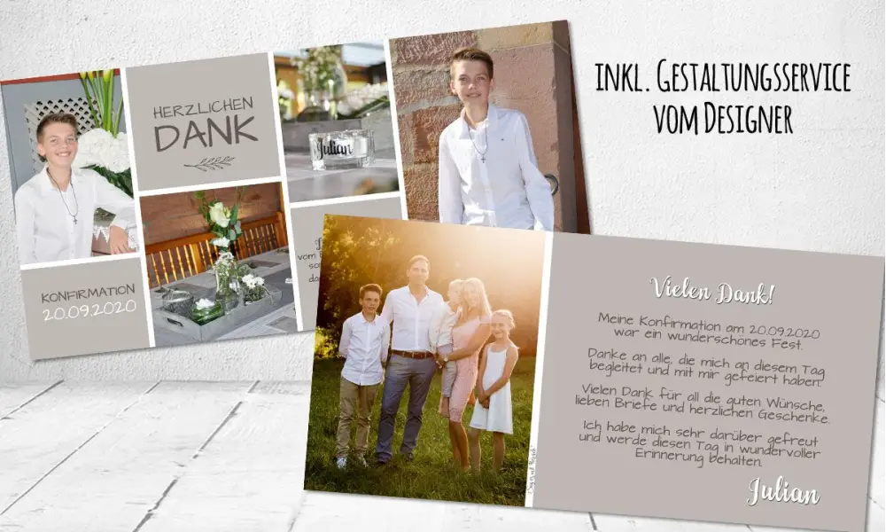 Dankeskarte Konfirmation Taupe mit Fotocollage – modern & individuell