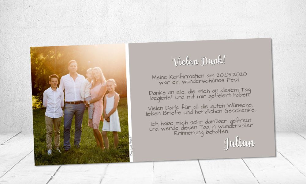 Dankeskarte Konfirmation Taupe mit Fotocollage – modern & individuell