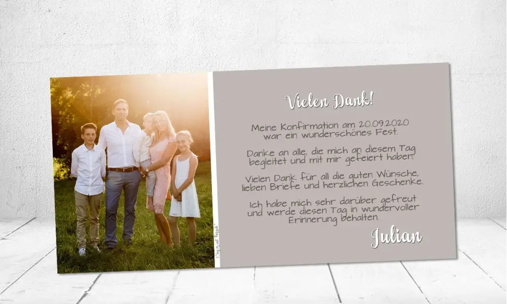 Dankeskarte Konfirmation Taupe mit Fotocollage – modern & individuell