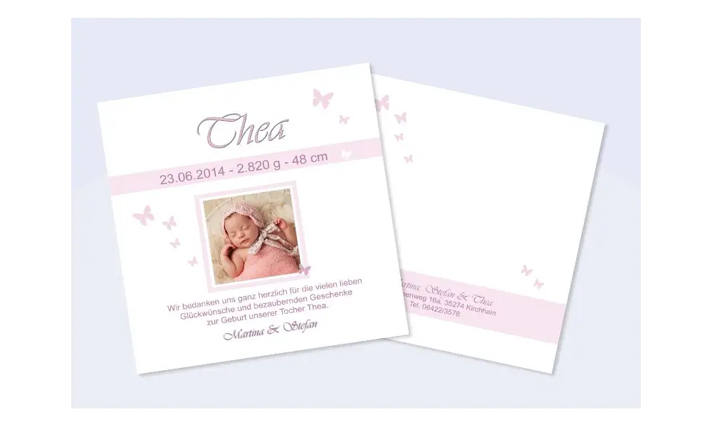Babykarte, Danksagung Geburt "Thea", rosa