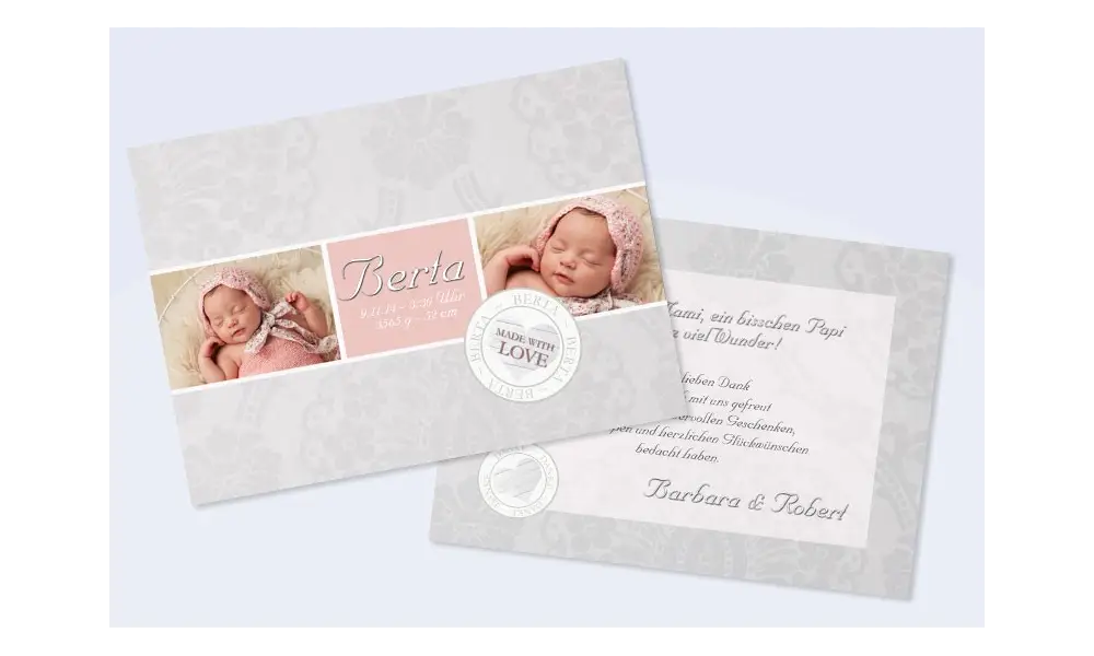Danksagungskarte, Karte zur Geburt DIN A6 "made with love" Vintage Look