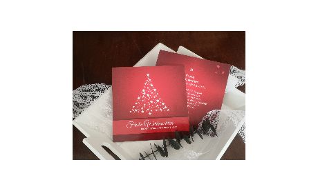 Firmen Weihnachtskarte in rot, Text in Weihnachtsbaum Form