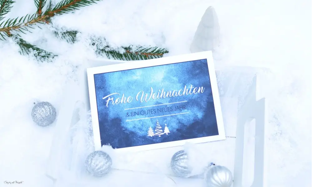 Weihnachtskarten geschäftlich Postkarte Aquarell blau mit Logo
