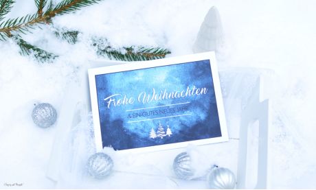 Weihnachtskarten geschäftlich Postkarte Aquarell blau mit Logo