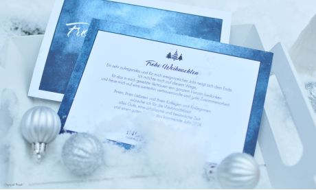 Weihnachtskarten geschäftlich Postkarte Aquarell blau mit Logo