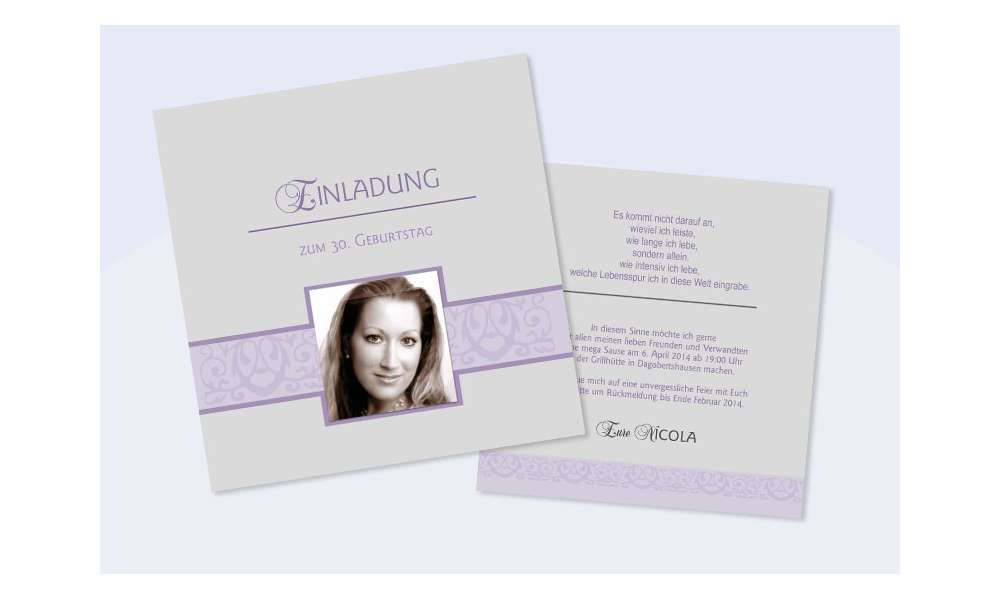 Einladungskarte 30. Geburtstag, zweiseitig, "Nicola" grau flieder Einladungskarte 30. Geburtstag, zweiseitig, "Nicola" grau flieder