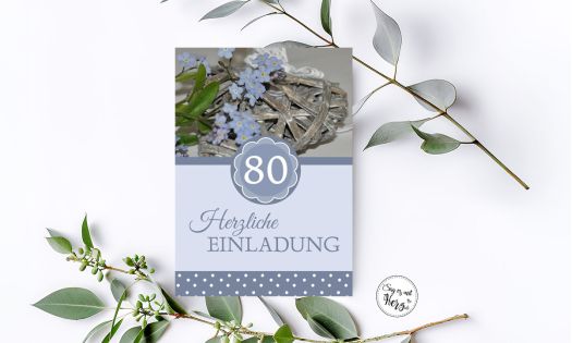 Einladungskarten 80. Geburtstag blau, Blumen Vergissmeinnicht