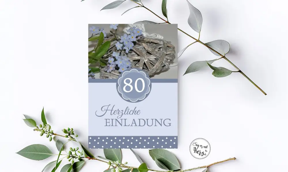 Einladungskarten 80. Geburtstag blau, Blumen Vergissmeinnicht