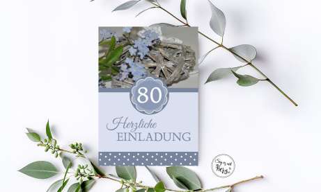 Einladungskarten 80. Geburtstag blau, Blumen Vergissmeinnicht