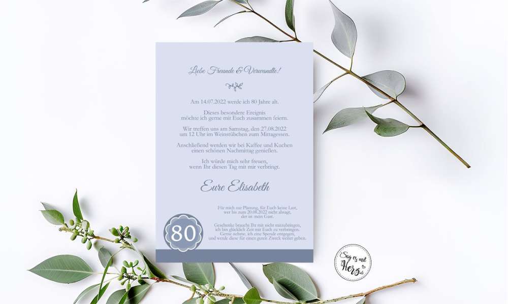 Einladungskarten 80. Geburtstag blau, Blumen Vergissmeinnicht