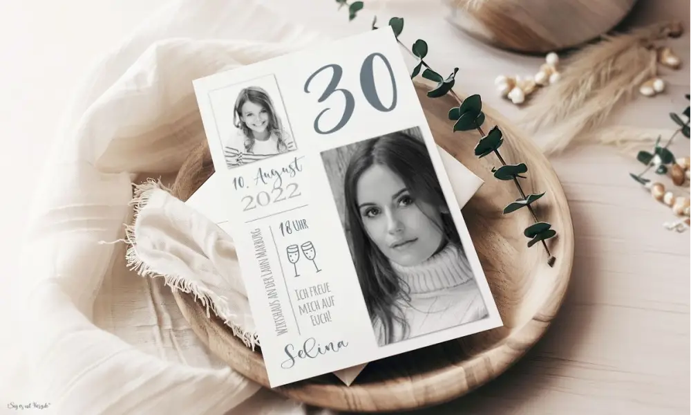 Moderne Einladungskarten 30 Geburtstag mit Foto früher heute