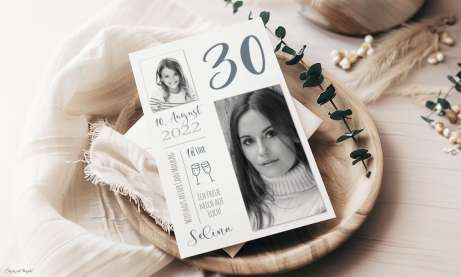 Moderne Einladungskarten 30 Geburtstag mit Foto früher heute
