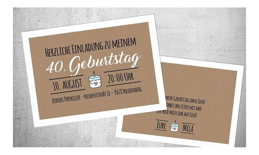 Einladungskarten 40 Geburtstag ohne Foto Kraftpapier Postkarte