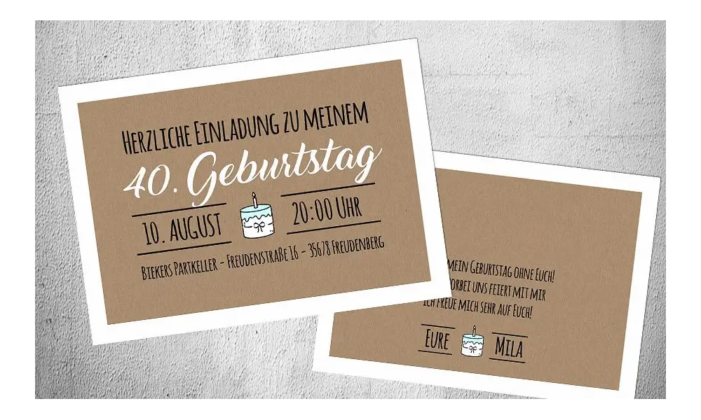 Einladungskarten 40 Geburtstag ohne Foto Kraftpapier Postkarte