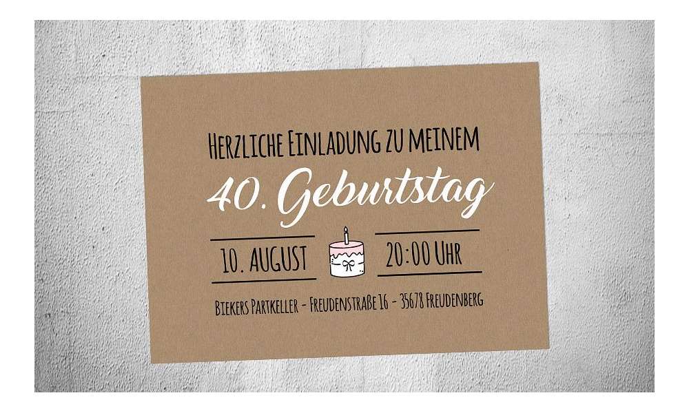 Einladungskarten 40 Geburtstag ohne Foto Kraftpapier Postkarte