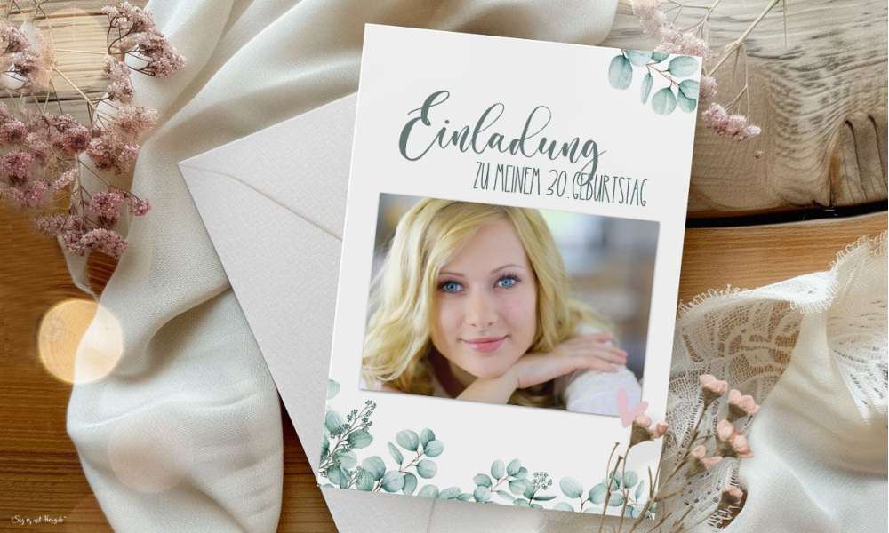 Einladungskarten 40. Geburtstag Greenery Eukalyptus mit Foto