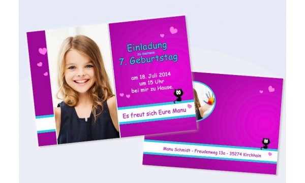 Einladungskarte Kindergeburtstag, Flachkarte A6 "strahlender Engel" in pink